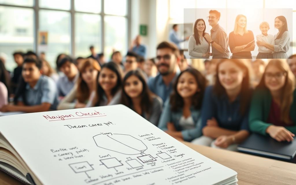 A bustling classroom filled with students of diverse backgrounds, attentively listening to a passionate teacher who gestures animatedly, their faces alight with wonder and determination. Soft, warm lighting filters through large windows, casting a hopeful glow across the scene. In the foreground, a student's notebook lays open, showcasing a hand-drawn sketch of a dream career path, surrounded by scribbled notes and inspiration. The background subtly fades into a montage of personal milestones - a diploma, a professional award, a family photo - each a testament to the transformative power of education.