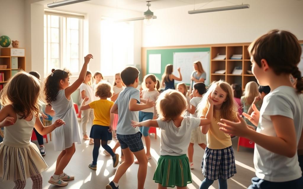A bustling school classroom, sunlight streaming through the windows, illuminating a group of students engaged in varied movement-based activities. In the foreground, children dance and stretch, their bodies in graceful motion. In the middle ground, a group of students play a cooperative game, their laughter and energy palpable. The background reveals a teacher guiding the class, their hands animated as they demonstrate new exercises. The atmosphere is one of vibrant, inclusive learning, where physical engagement complements academic pursuit. Captured with a wide-angle lens, this scene showcases the seamless integration of movement and education, highlighting the benefits of an active, holistic approach to learning.