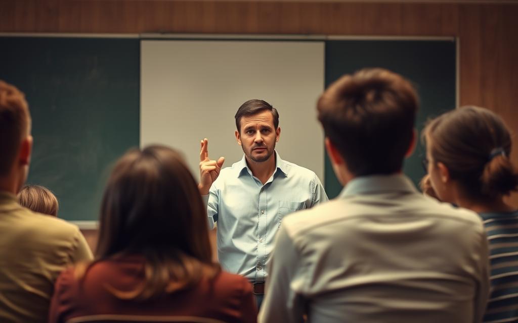 A classroom setting, with a teacher standing at the front, facing a group of students. The teacher appears frustrated, hands raised in a questioning gesture, while the students look puzzled and uncertain. The lighting is a warm, mellow tone, creating an atmosphere of contemplation and challenge. The background is slightly blurred, hinting at the broader academic environment, but the focus is on the interaction between the teacher and students. The composition conveys the sense of navigating the nuances of critical thinking instruction, the difficulties in fostering engaged and thoughtful participation.