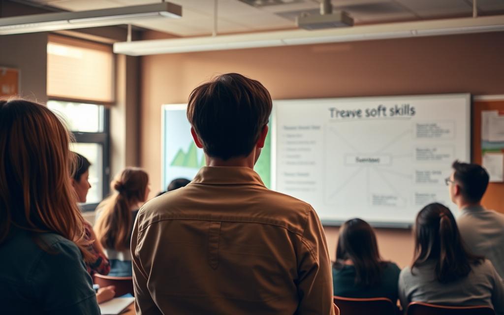 A classroom setting with a teacher standing at the front, facing a group of students. The teacher's expression is one of concern, as they try to engage the students, who appear distracted or disinterested. In the background, a whiteboard or chalkboard displays a diagram or visual aid related to soft skills, but the students' attention is divided. The lighting is a mix of warm, overhead lighting and natural light filtering through windows, creating a slightly hazy atmosphere. The scene conveys the challenge of effectively teaching abstract, interpersonal skills in a traditional educational environment.