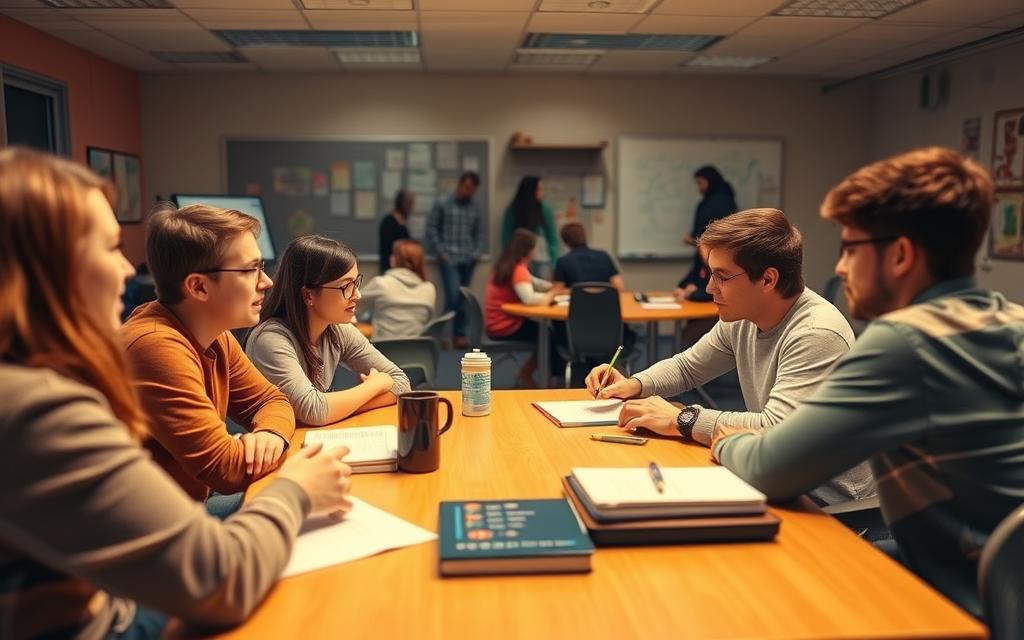 A classroom setting with students collaborating in small groups. In the foreground, four students sit around a table, engaged in discussion, sharing ideas, and taking notes. Warm lighting fills the room, creating a cozy, focused atmosphere. In the middle ground, other groups of students are similarly engaged, working together on projects and assignments. The background features a whiteboard or digital display, providing visual aids and resources to support the collaborative learning process. The camera angle is slightly elevated, capturing the dynamic interaction and energy of the classroom.