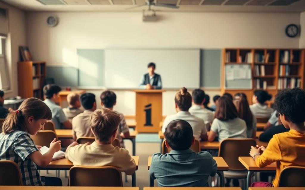 A classroom setting with two distinct learning environments. In the foreground, a small group of students engage in interactive, hands-on activities, representing the microlearning approach. The middle ground showcases a traditional lecture-style classroom, with a teacher standing at the front, addressing a larger audience. The background features a softly blurred library or study space, symbolizing the resources available for both learning methods. The lighting is warm and natural, creating a contemplative atmosphere. The camera angle is slightly elevated, allowing the viewer to survey the contrasting scenes. This image visually captures the essence of the "Microlearning vs. Traditional Learning" section, inviting the reader to consider the evolving landscape of educational practices.