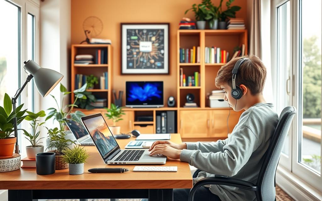 A cozy home office setting with a young person engaged in various digital activities. The foreground features a desk with a laptop, tablet, and smartphone, surrounded by office supplies and plants. The middle ground showcases shelves filled with books, tech gadgets, and a framed artwork reflecting a digital theme. The background depicts a warm, well-lit room with large windows, allowing natural light to flood the space. The overall atmosphere conveys a sense of productivity, learning, and a harmonious blend of technology and personal elements, capturing the essence of building digital literacy in a home environment.