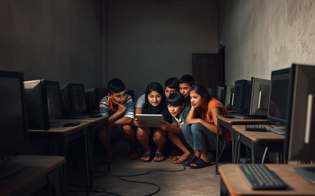 A dimly lit classroom, outdated desktops lining the walls, cables snaking across the floor. In the center, a group of students huddled around a single tablet, sharing the screen as they struggle to access educational resources. The contrast between their eager expressions and the aging technology highlights the digital divide, a barrier to equitable access. Soft, diffused lighting casts shadows, emphasizing the sense of isolation and limited opportunities. The room feels stagnant, a stark reminder of the challenges in promoting digital literacy in underserved communities.