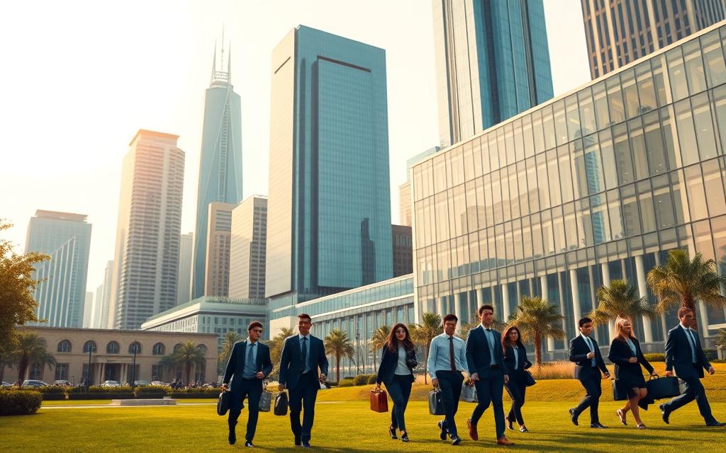 A grand, modern university campus set against a backdrop of towering skyscrapers and gleaming office buildings. In the foreground, students in business attire stride purposefully through the manicured grounds, briefcases in hand, exuding a sense of determination and ambition. The campus architecture features clean lines, glass facades, and state-of-the-art facilities, symbolizing the cutting-edge education on offer. Overhead, a warm, diffused light illuminates the scene, casting a glow of opportunity and upward mobility. The overall atmosphere conveys a sense of academic excellence, professional aspiration, and the transformative power of higher education to drive economic advancement.