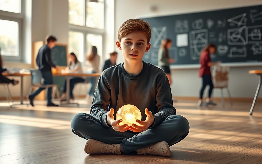 A serene classroom setting, soft natural lighting filtering through large windows. In the foreground, a student sits cross-legged on the floor, brow furrowed in contemplation, hands cupped around a glowing orb of energy - a visual representation of their emotional engagement with the learning process. In the middle ground, other students move about the room, some deep in discussion, others quietly reflective. The background features a blackboard with hastily scrawled notes and diagrams, hinting at the intellectual stimulation within. An atmosphere of focused concentration, curiosity, and the gentle interplay of mind and heart permeates the scene.