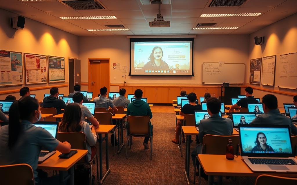 A spacious virtual classroom with a large projection screen at the front, showcasing a lesson in progress. The room is bathed in warm, soft lighting, creating a cozy and inviting atmosphere. Rows of desks and chairs are neatly arranged, with a few students engaged in online discussions, their faces visible on individual laptop screens. The walls are adorned with educational posters and digital whiteboards, giving the space a modern, technology-infused feel. The overall mood is one of focused productivity, reflecting the challenges of adapting traditional teaching methods to a remote learning environment.