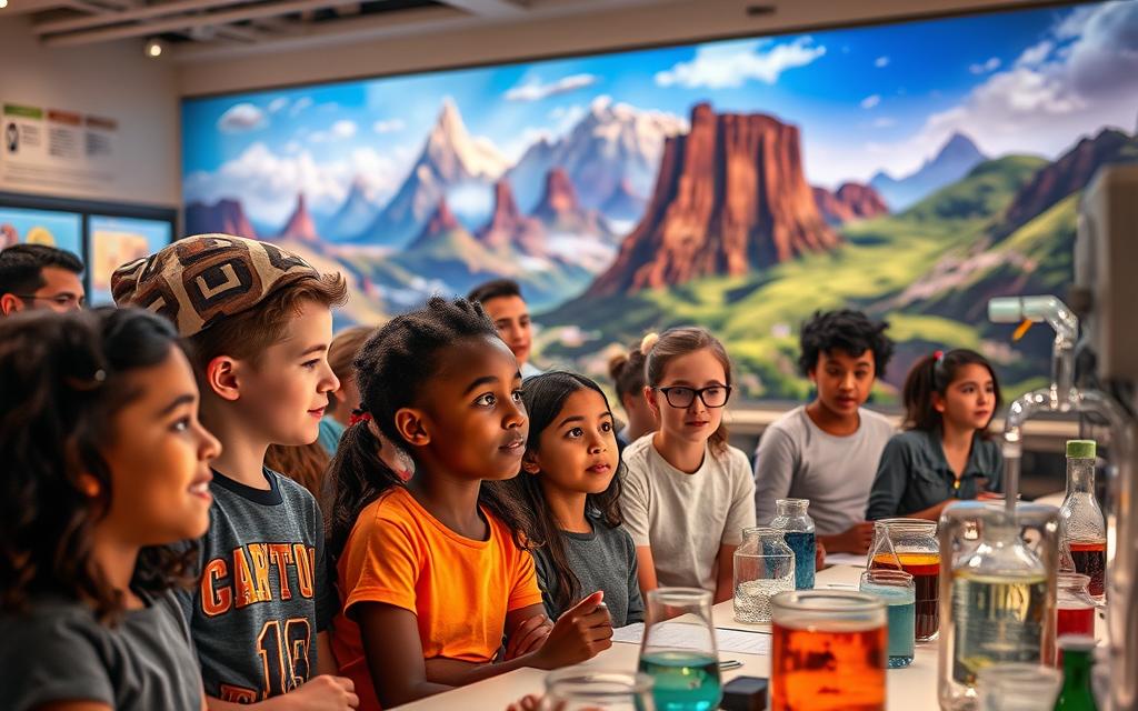 A vibrant, captivating scene of science education through the lens of storytelling. In the foreground, a diverse group of students listen intently as a teacher, their eyes alight with enthusiasm, weaves a narrative that brings scientific concepts to life. The middle ground features interactive displays, experiments, and visual aids that further engage the students, fostering a hands-on learning experience. In the background, a mural or digital projection depicts a breathtaking scientific landscape, transporting the classroom to the wonders of the natural world. Warm, gentle lighting casts a sense of wonder and discovery, while the composition and camera angle invite the viewer to feel immersed in the dynamic, collaborative learning environment.