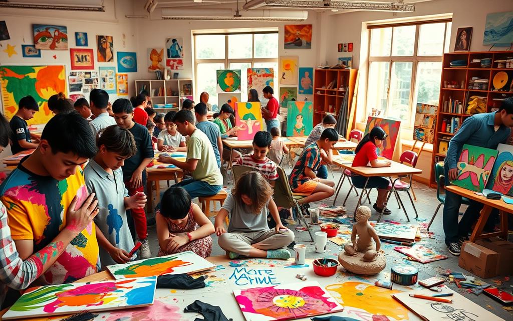 A vibrant, dynamic classroom filled with students engaged in various artistic pursuits. In the foreground, a group of students huddle around a table, their hands covered in paint as they create vibrant abstract canvases. In the middle ground, a young student sits cross-legged, deeply focused on sculpting a clay figure, while their peers explore different media like charcoal, pastels, and collage. The background is a riot of color, with half-finished artworks and materials scattered throughout the room, suggesting the challenges and obstacles faced in arts education - limited resources, overcrowded classrooms, and the constant struggle to balance creativity with academic demands. Warm, natural lighting filters in through large windows, creating a sense of energy and potential amidst the chaos.