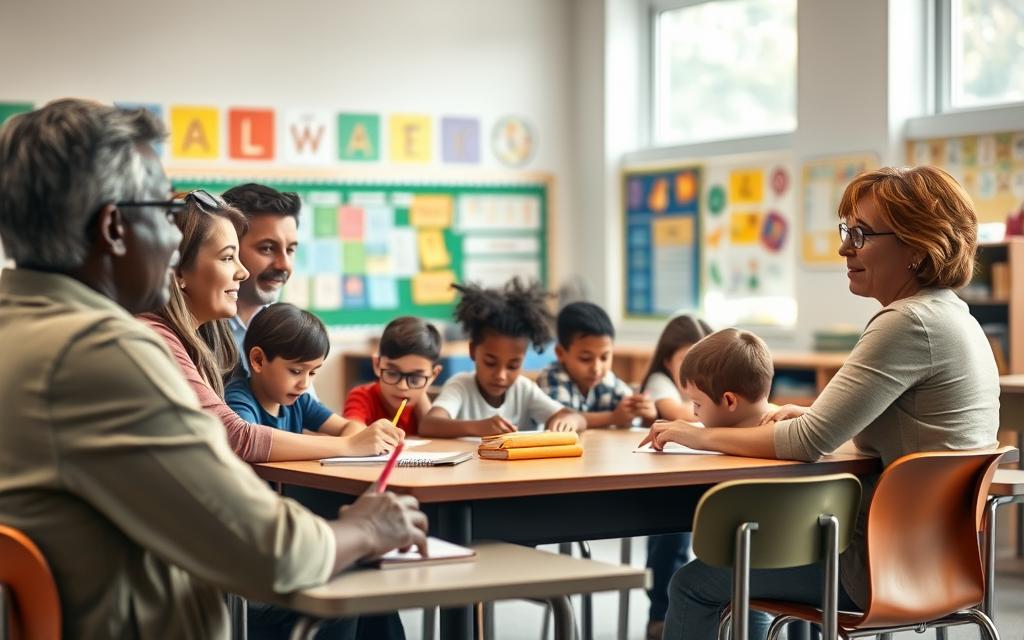 A warm, inviting classroom setting with a group of parents and teachers engaged in a collaborative discussion. The foreground features a diverse group of adults sitting around a table, their expressions attentive and engaged. The middle ground showcases students working diligently at their desks, while the background depicts colorful educational displays and resources, creating a vibrant, stimulating learning environment. Soft, natural lighting filters through large windows, evoking a sense of openness and partnership. The overall atmosphere conveys the importance of active parental involvement in supporting student achievement and academic success.