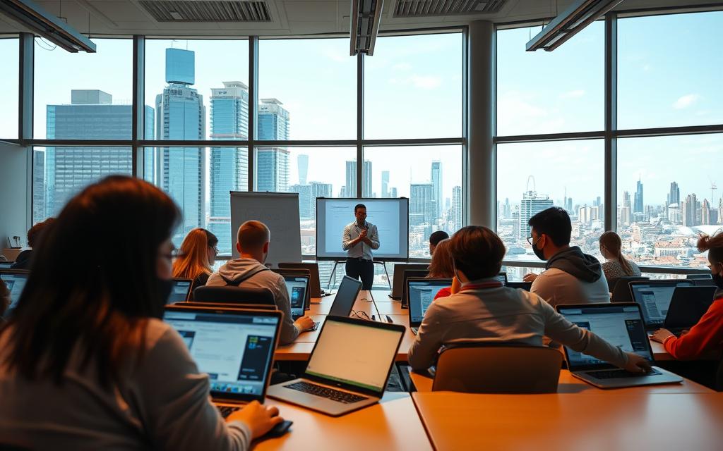 A well-lit classroom with large windows overlooking a vibrant cityscape. In the foreground, a group of students intently focused on their laptop screens, engaged in online coursework and virtual discussions. The middle ground features a teacher standing at the front of the class, using a digital whiteboard to guide the lesson. The background showcases the bustling city, with skyscrapers and traffic visible through the windows, suggesting the connection between traditional education and the digital world. The lighting is warm and natural, creating a sense of productivity and learning. The overall atmosphere is one of a modern, blended learning environment that seamlessly integrates the advantages of both online and offline education.